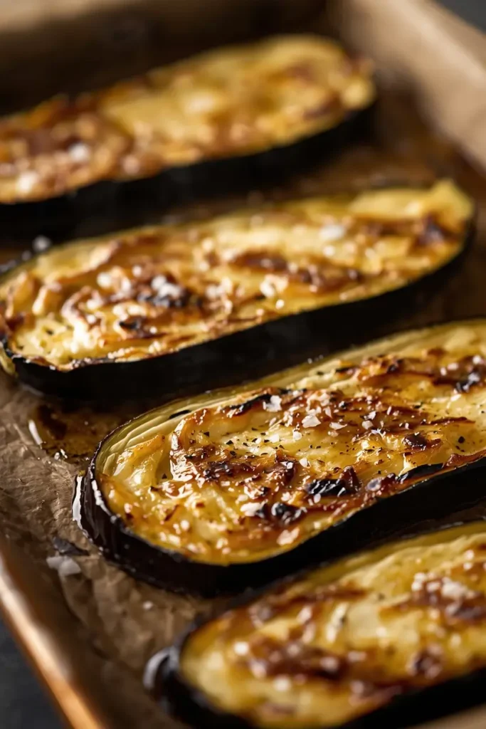 Eggplant Lasagna 3 Roasted eggplant slices on a baking sheet ready for layering in eggplant lasagna
