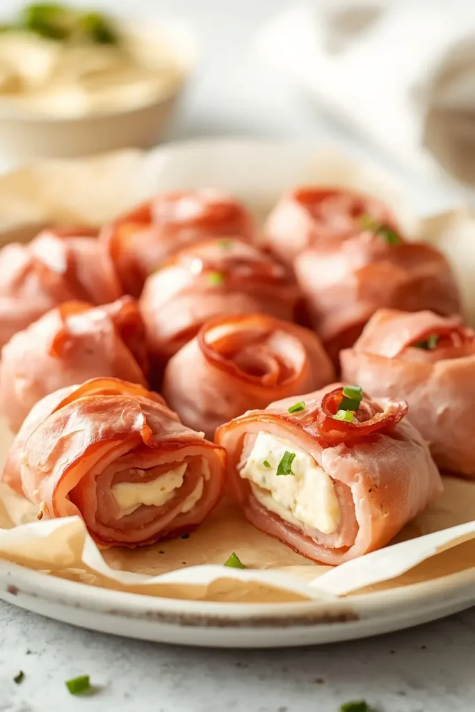 Ham Roll Ups 3 Tightly rolled ham roll ups placed seam-side down on a plate before chilling