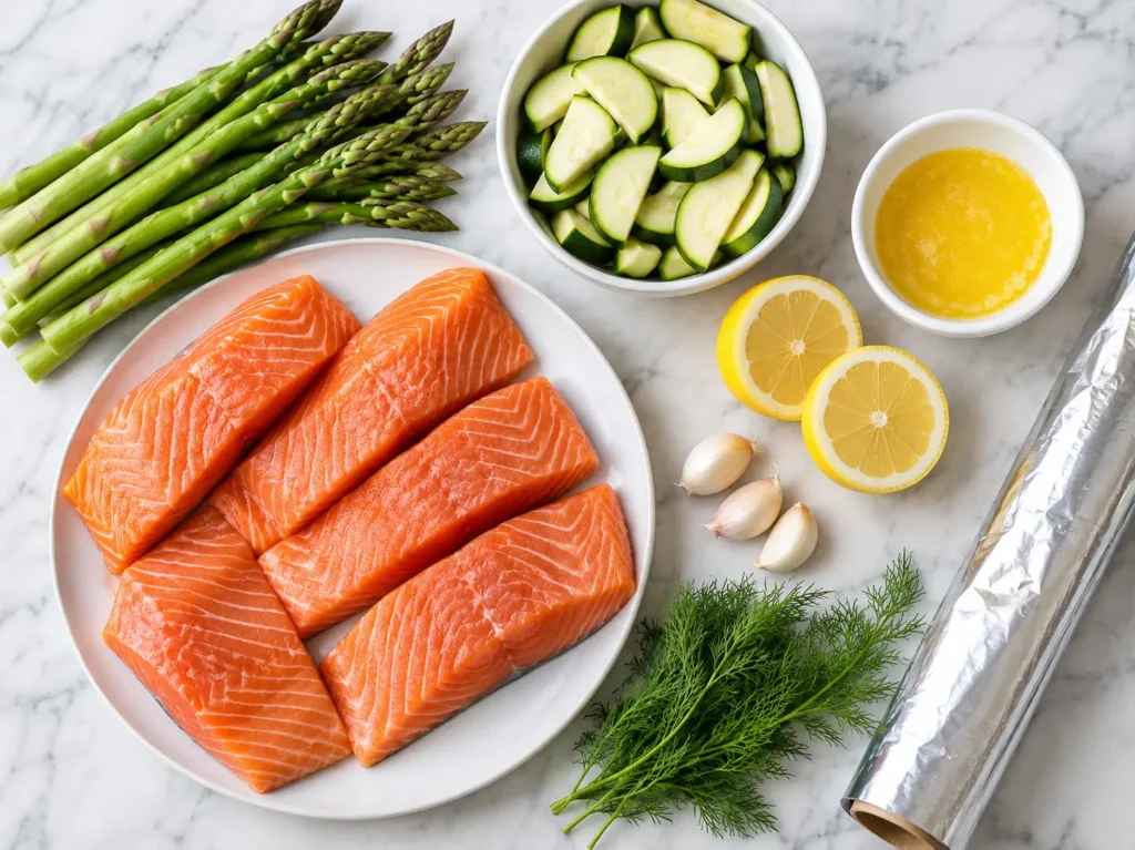 Salmon Foil Packets 2 Fresh ingredients for a salmon foil packets recipe including salmon, lemon, garlic, and vegetables