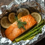Opened salmon foil packets with lemon, asparagus, and fresh dill on a wooden table