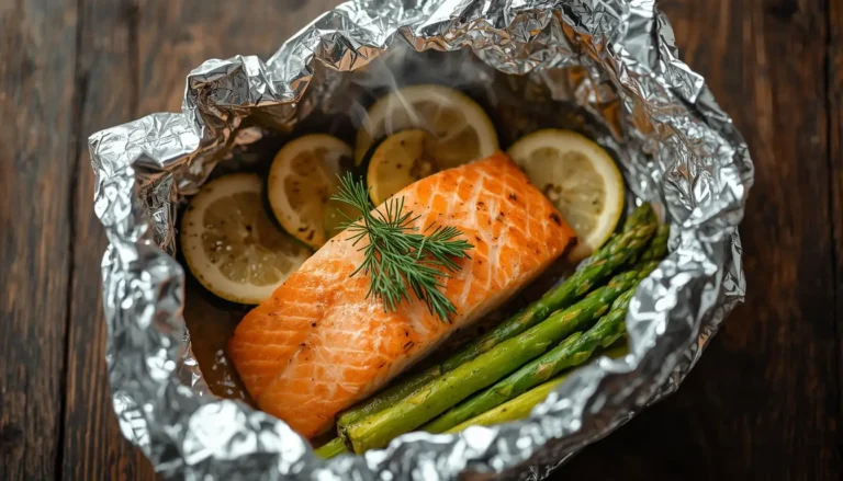 Opened salmon foil packets with lemon, asparagus, and fresh dill on a wooden table