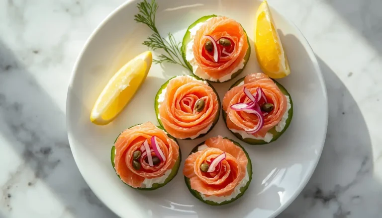 Plate of low-carb salmon lox on cucumber rounds with herb cream cheese, capers, red onion, and dill