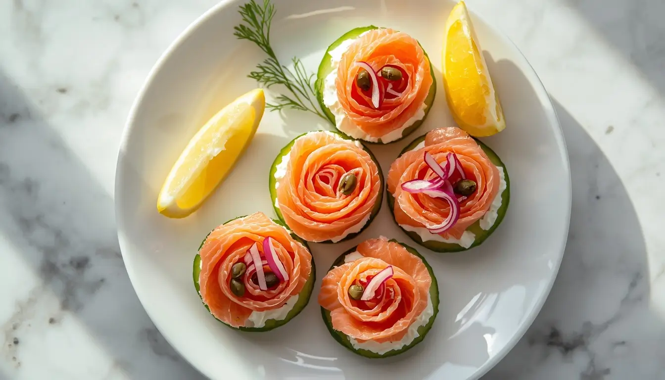Plate of low-carb salmon lox on cucumber rounds with herb cream cheese, capers, red onion, and dill