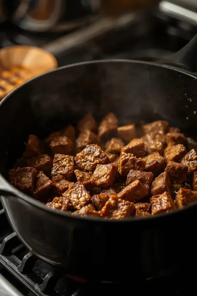 Keto Beef Stew 3 Beef cubes searing in a Dutch oven to build flavor for keto beef stew