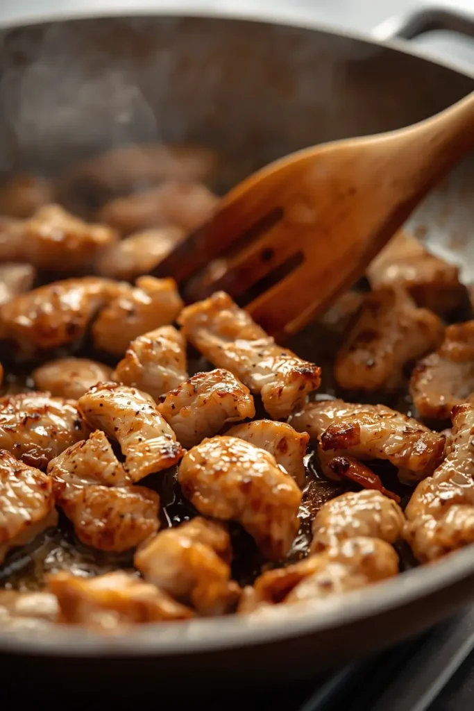 Chicken Fajitas 3 Chicken strips searing in a hot skillet to make juicy chicken fajitas