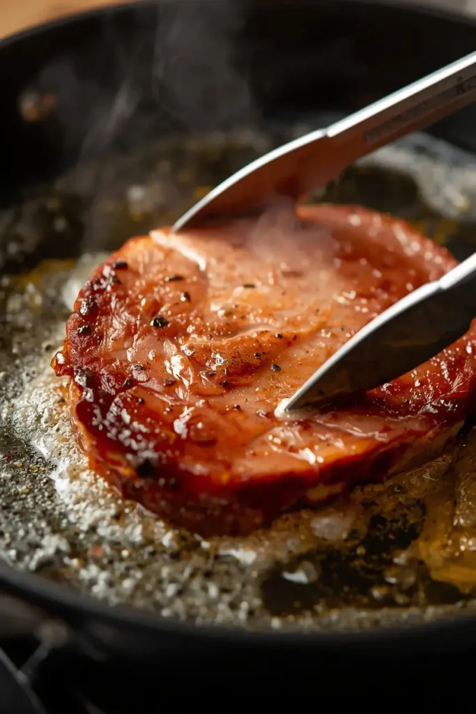Ham Steak 3 Ham steak searing in butter in a hot skillet until golden brown