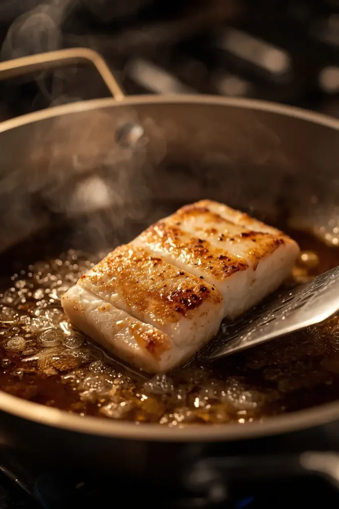 Pan Fried Cod 3 Cod fillet searing in a hot skillet to make crispy pan fried cod
