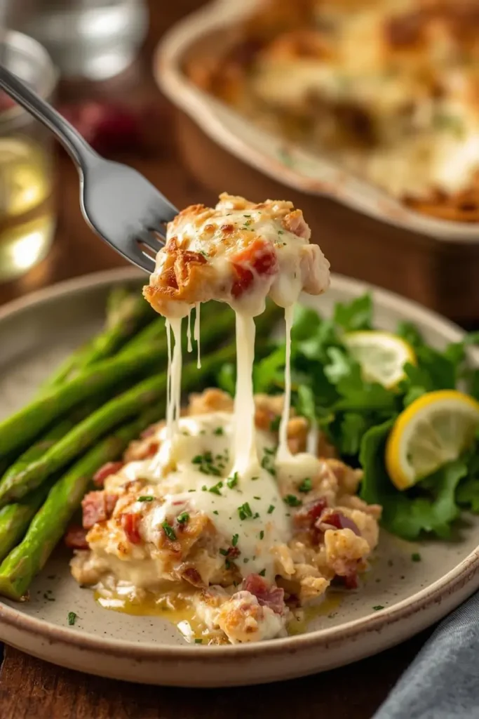 Chicken Bacon Ranch Casserole 4 Serving of keto chicken bacon ranch casserole with roasted asparagus and green salad on a rustic plate