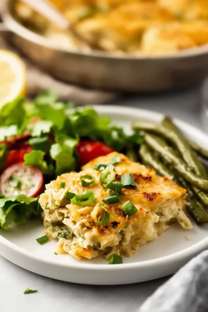 Plated serving of chicken broccoli casserole with side salad and green beans garnished with parsley