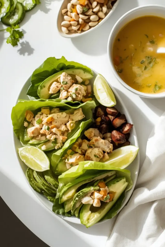 Chicken Lettuce Wraps 5 Chicken lettuce wraps served with avocado, lime, and soup for an easy keto lunch