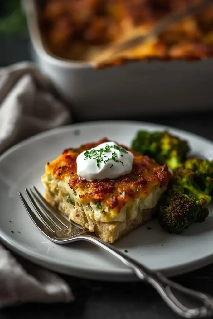 Cabbage Roll Casserole 4 Plated serving of cabbage roll casserole with sour cream, fresh dill, and roasted broccoli