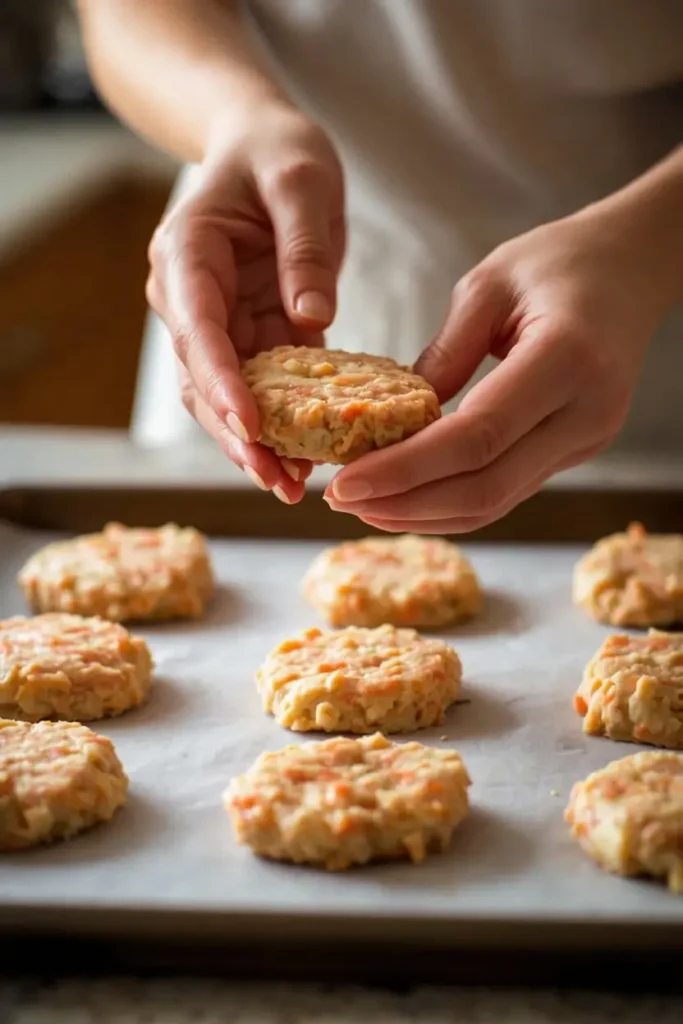 Crab Cake 3 Hands shaping a raw crab cake patty on a parchment-lined tray