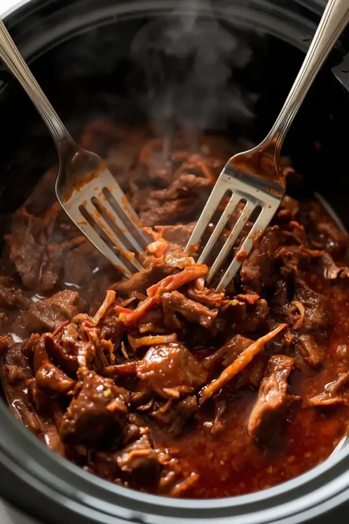 Barbacoa Recipe (Chipotle Copycat) 3 Shredding tender barbacoa beef with two forks in a slow cooker for an easy barbacoa recipe