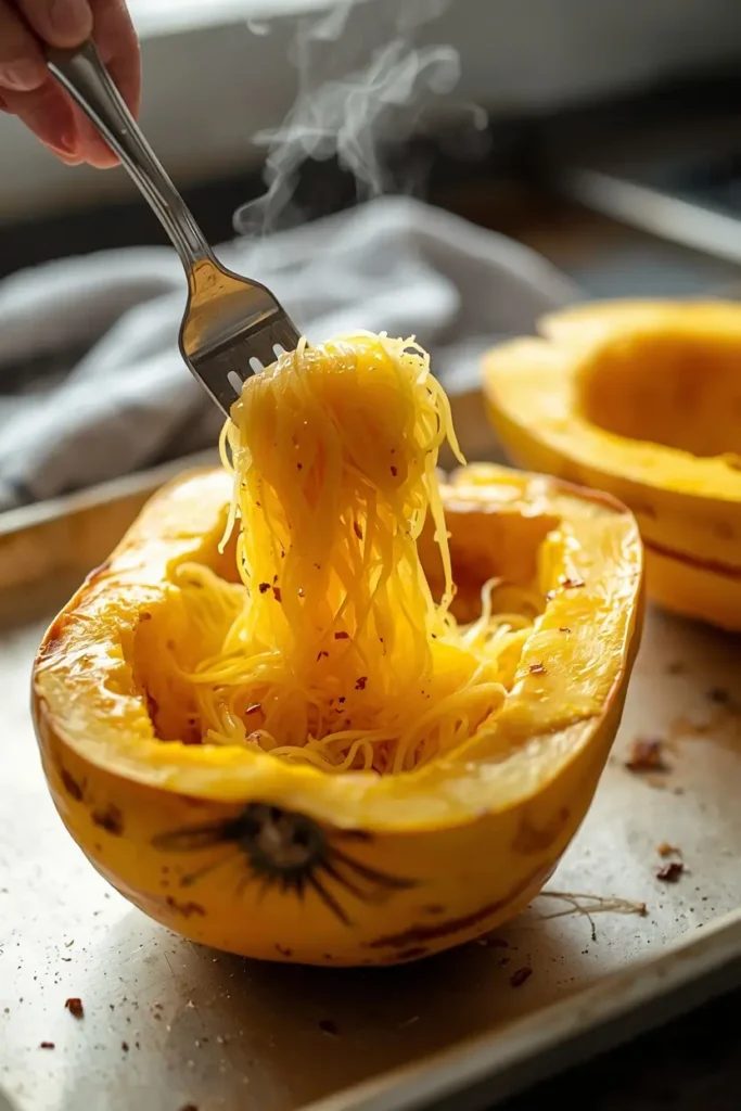 Spaghetti Squash Casserole 3 Fork shredding roasted spaghetti squash into strands to prepare spaghetti squash casserole