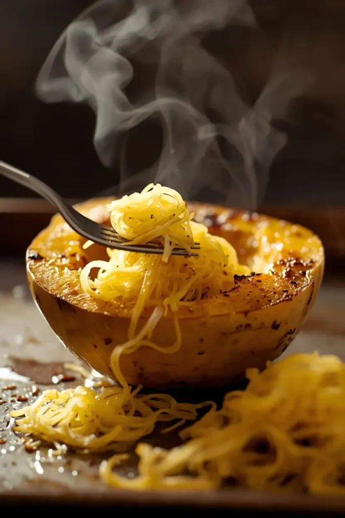 Spaghetti Squash Alfredo 3 Fork shredding roasted spaghetti squash into noodle-like strands for spaghetti squash alfredo