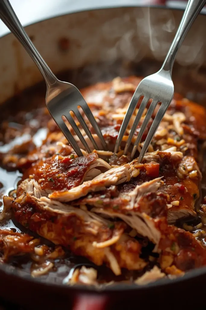 Slow Cooker Pulled Pork 3 Shredding cooked slow cooker pulled pork with two forks
