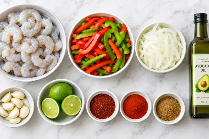 Shrimp Fajitas 2 Ingredients for shrimp fajitas laid out on a counter, including shrimp, peppers, onion, lime, and spices