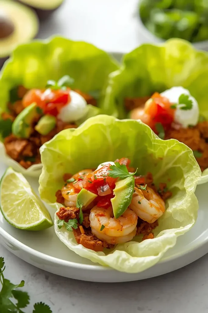 Shrimp Fajitas 4 Keto shrimp fajitas served in lettuce cups with avocado, sour cream, and pico de gallo