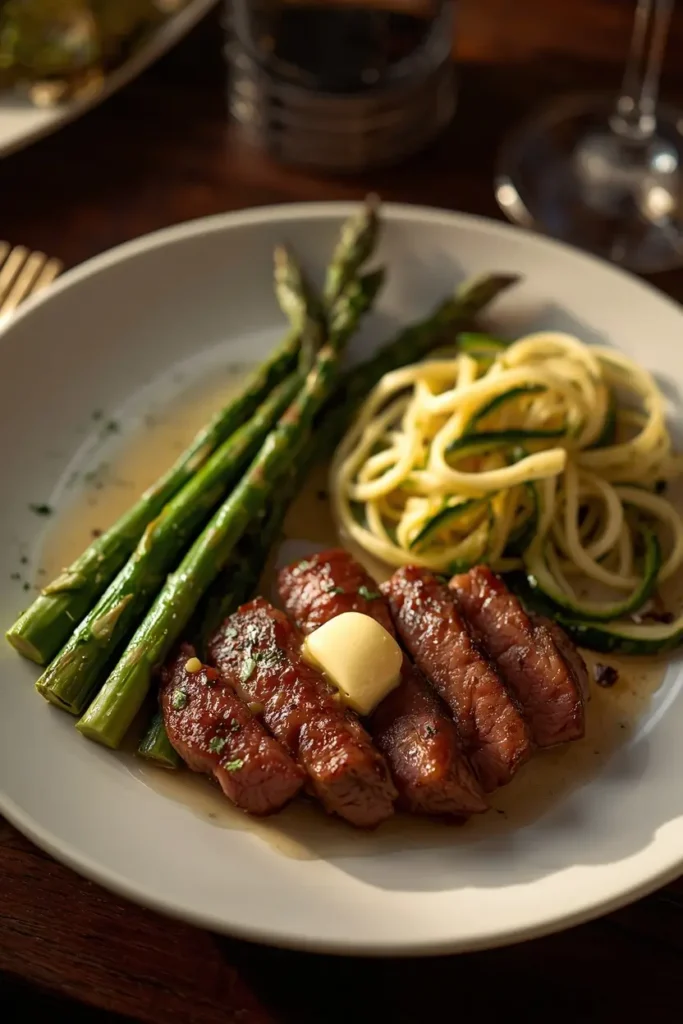 Sirloin Tender Steak 4 Low-carb dinner plate with sirloin tender steak, asparagus, and zucchini noodles