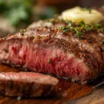 Sliced sirloin tender steak with garlic butter and thyme on a wooden board