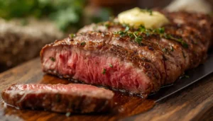 Sirloin Tender Steak Sliced sirloin tender steak with garlic butter and thyme on a wooden board