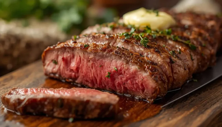 Sliced sirloin tender steak with garlic butter and thyme on a wooden board