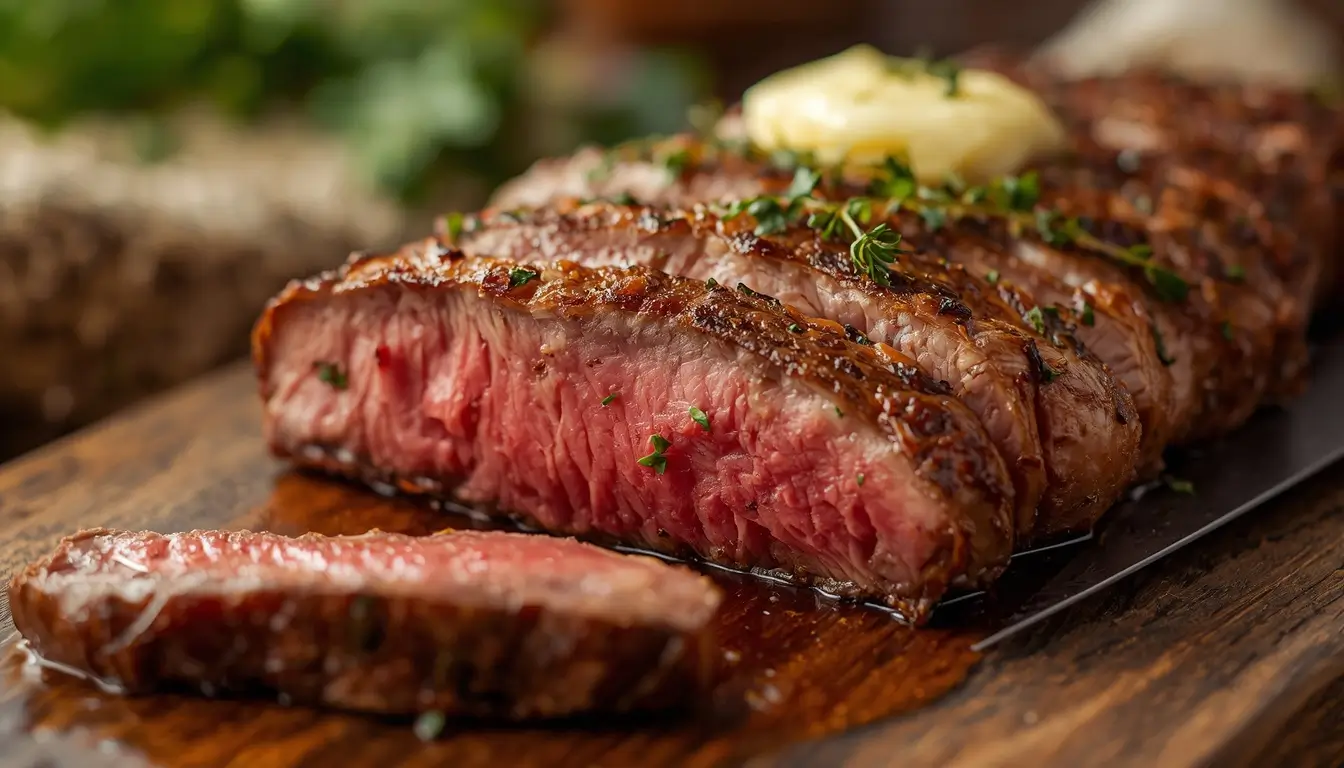 Sirloin Tender Steak 1 Sliced sirloin tender steak with garlic butter and thyme on a wooden board
