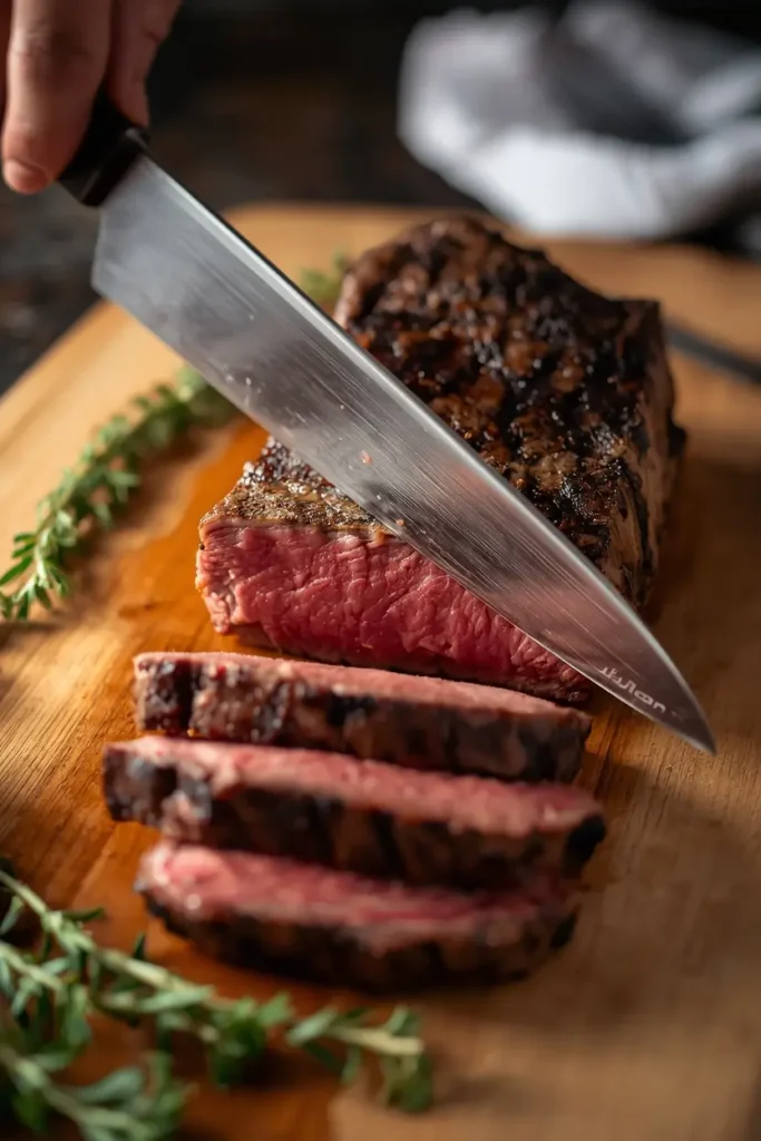 Sirloin Tender Steak 3 Slicing sirloin tender steak against the grain on a cutting board for a juicy result