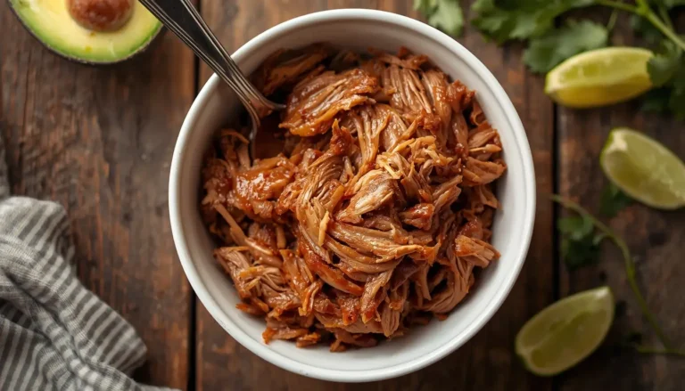 Bowl of tender slow cooker pulled pork served as an easy low-carb lunch