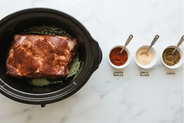 Slow Cooker Pulled Pork 2 Pork shoulder coated in spice rub before cooking slow cooker pulled pork