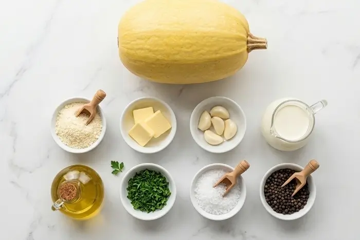 Spaghetti Squash Alfredo 2 Ingredients for spaghetti squash alfredo including squash, cream, Parmesan, butter, and garlic
