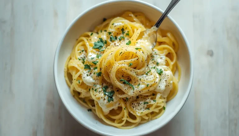 Creamy spaghetti squash alfredo in a white bowl topped with parsley and Parmesan