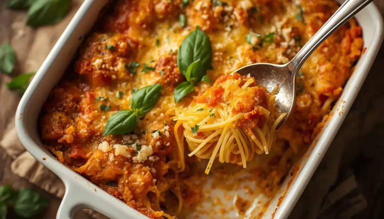 Golden baked spaghetti squash casserole with melted cheese in a white dish, an easy keto dinner recipe