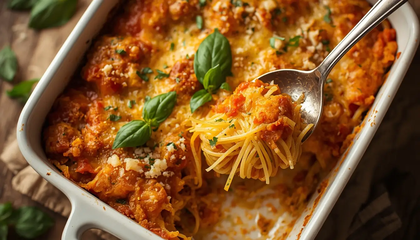 Spaghetti Squash Casserole 1 Golden baked spaghetti squash casserole with melted cheese in a white dish, an easy keto dinner recipe