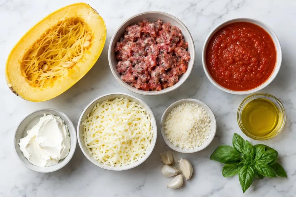 Spaghetti Squash Casserole 2 Ingredients for a spaghetti squash casserole recipe laid out on a marble counter