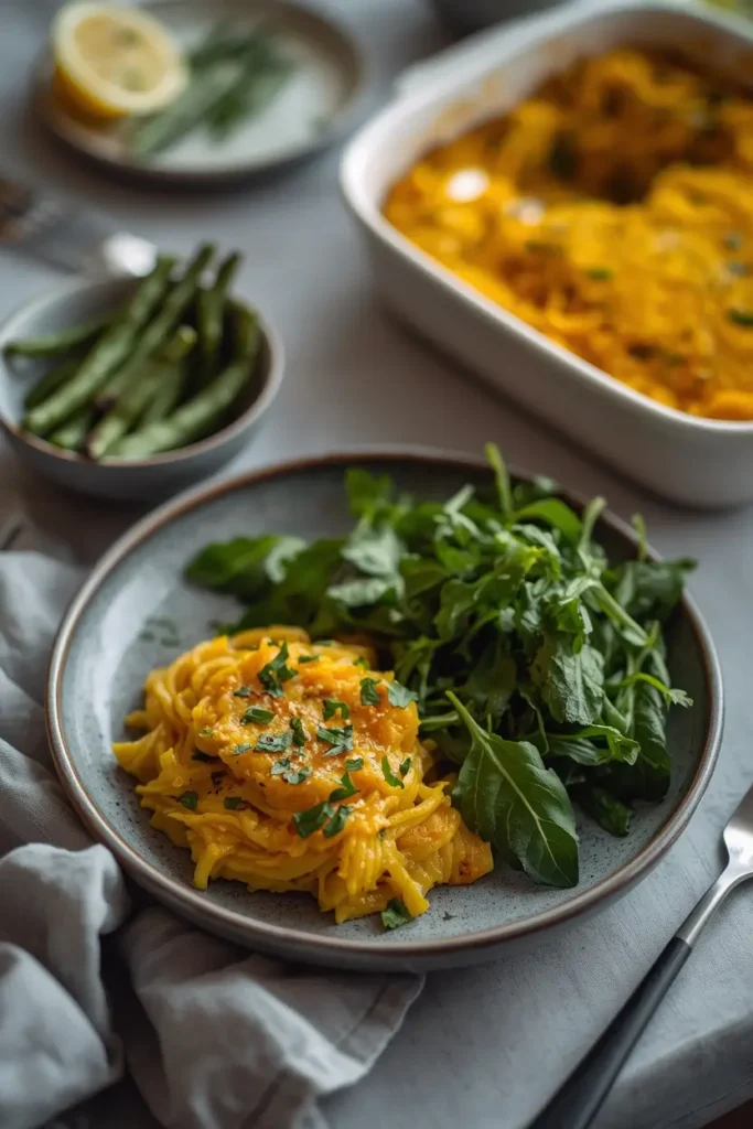 Spaghetti Squash Casserole 5 Plated serving of spaghetti squash casserole with arugula salad and roasted green beans