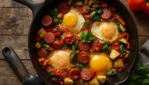 Spanish Chorizo Recipe Skillet of easy spanish chorizo recipe with peppers, spinach, and eggs