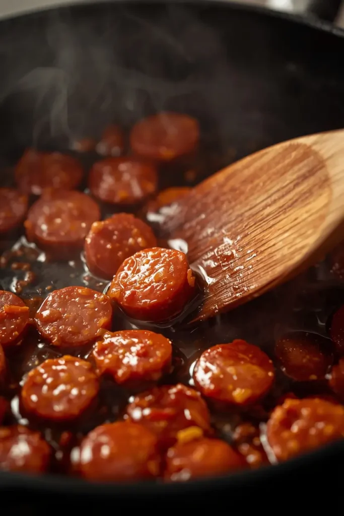 Spanish Chorizo Recipe 3 Chorizo slices releasing red paprika oil in a skillet for a spanish chorizo recipe