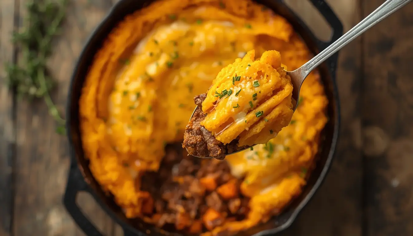Sweet Potato Shepherd's Pie 1 Golden baked sweet potato shepherd's pie in a cast iron skillet, an easy keto dinner recipe