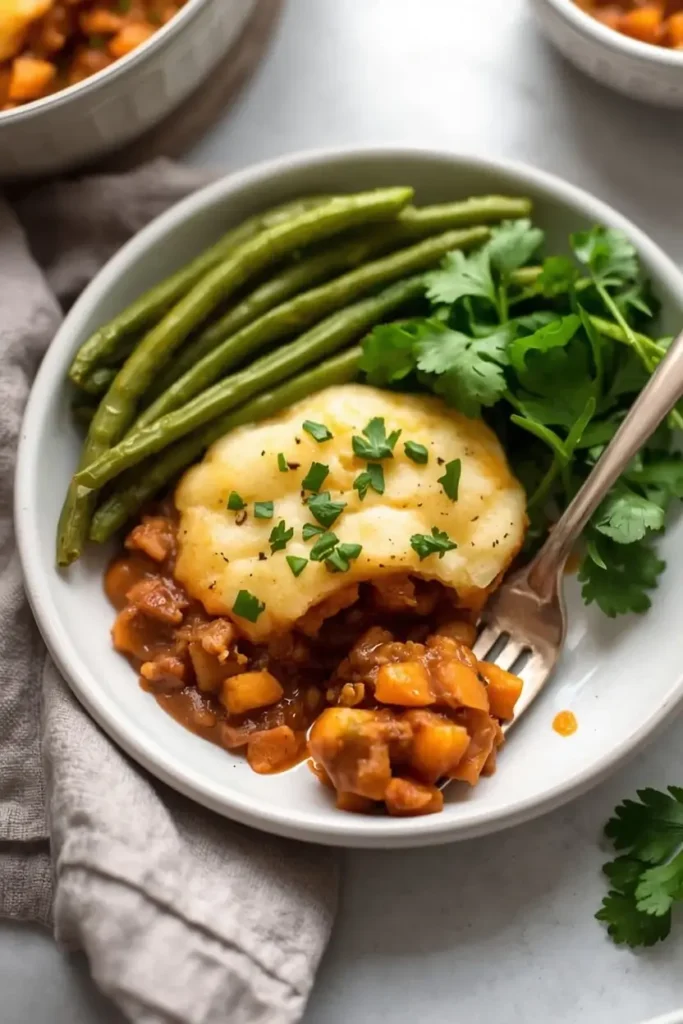 Sweet Potato Shepherd's Pie 4 A plated serving of sweet potato shepherd's pie with roasted green beans and a side salad