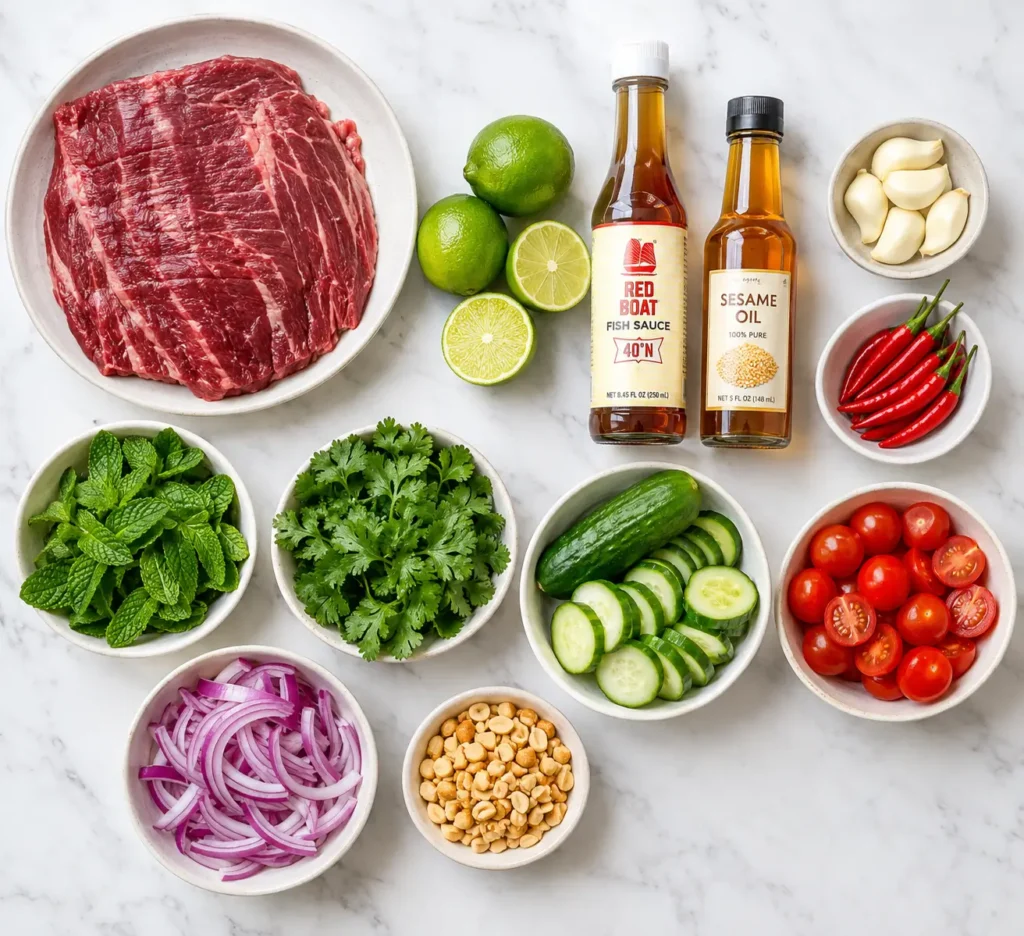 Thai Beef Salad 2 Fresh ingredients for a keto thai beef salad recipe including flank steak, limes, herbs, and Thai chilies