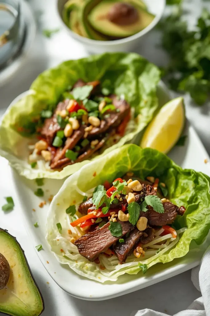 Thai Beef Salad 5 Thai beef salad served in lettuce cups with avocado and lime as a low-carb lunch idea