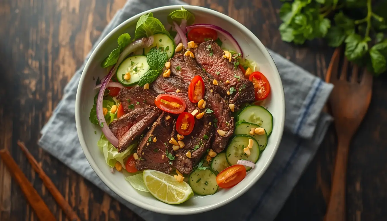 Thai Beef Salad 1 Easy low-carb thai beef salad with sliced flank steak, fresh herbs, cucumber, and tomatoes in a white bowl