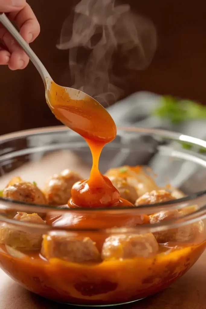 Baked buffalo chicken meatballs being tossed in a buttery hot sauce glaze in a large bowl