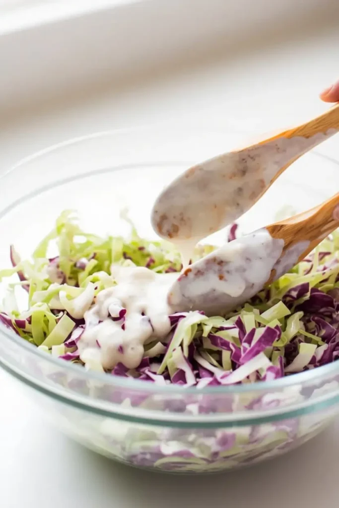 Creamy Keto Coleslaw 4 Tossing shredded cabbage with creamy dressing in a glass bowl to make creamy keto coleslaw