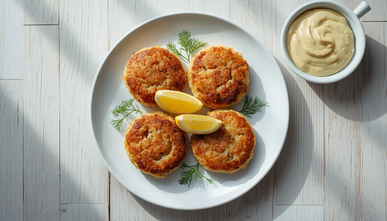 Crispy golden tuna patties served with lemon wedges and dill mayo on a white plate