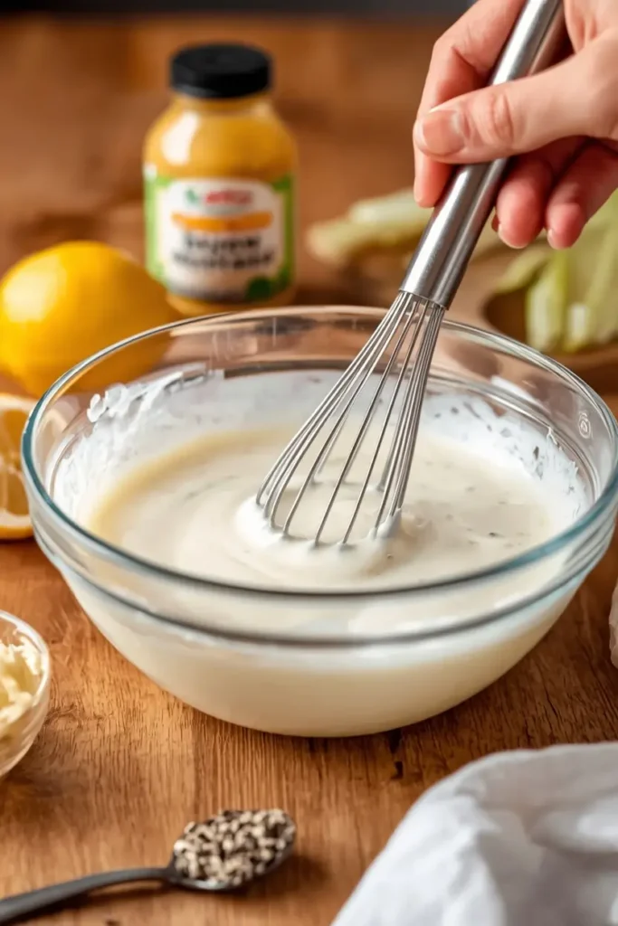 Creamy Keto Coleslaw 3 Whisking a smooth dressing in a glass bowl for creamy keto coleslaw recipe