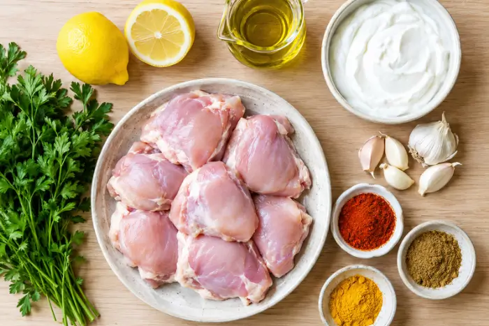 Flat lay of ingredients for yogurt marinated chicken including Greek yogurt, lemon, garlic, spices, and raw chicken thighs