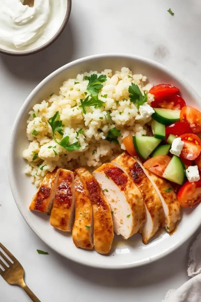 Low-carb dinner plate with sliced yogurt marinated chicken, cauliflower rice, cucumber salad, and garlic yogurt sauce