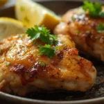 Golden grilled yogurt marinated chicken thighs topped with fresh parsley and served with lemon wedges